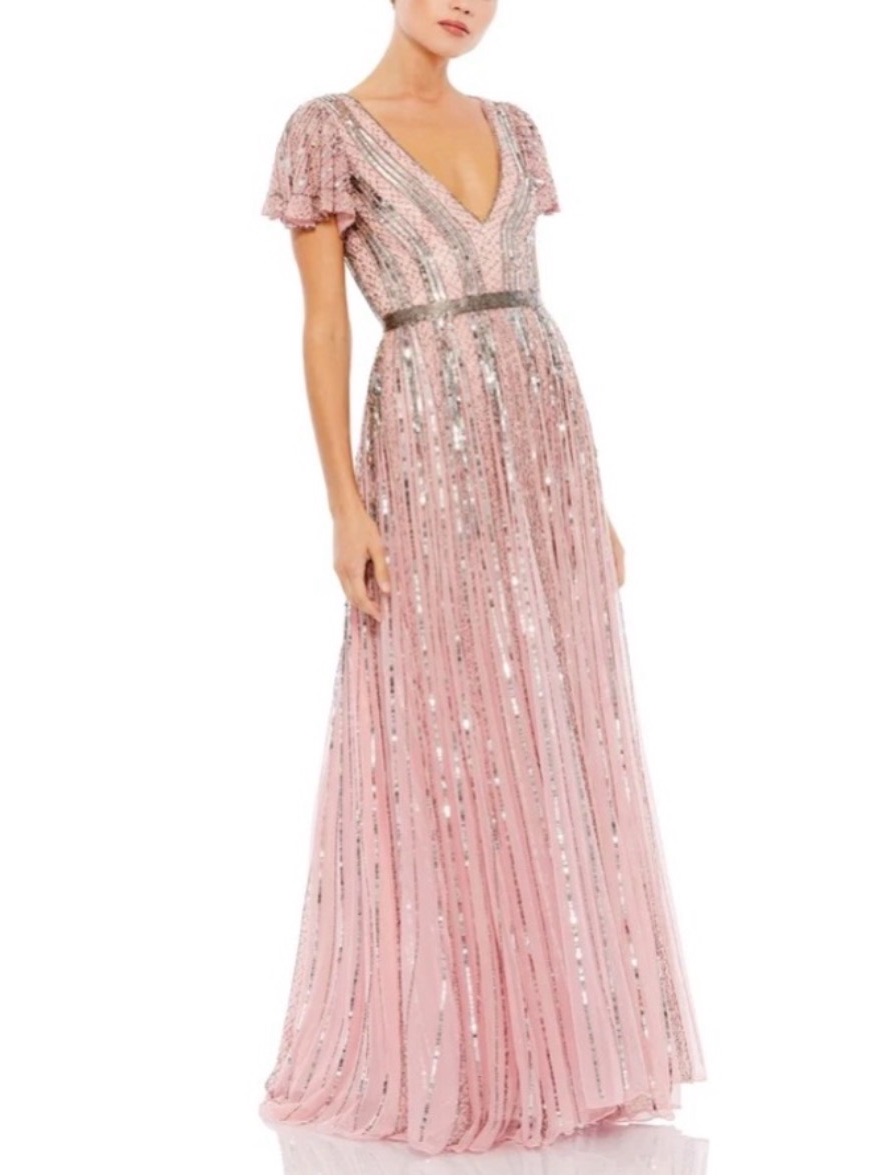 Mac Duggal Rose Pink Deep V-Neck Sequins & Beads Embellished Maxi Evening Gown